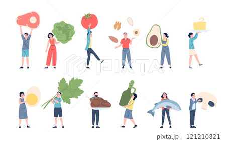 People holding giant food. Keto diet products, eggs meat vegetables. Women men eating fresh ingredients. Grocery store or market recent vector characters People holding giant food. Keto diet products, eggs meat vegetables. Women men eating fresh ingredients. Grocery store or market recent vector characters 121210821