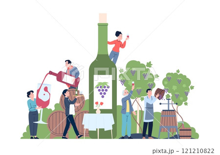 People wine production. Wine degustation and tasting, waiter and winemaker with glasses and bottles. Elite alcohol drink, recent vector flat scene 121210822