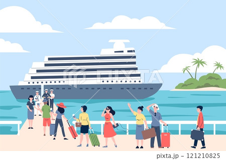 Ocean cruise characters. Summer male female go in travel boat or ship. Seascape and seaside, island with palms and people with luggage, recent vector scene Ocean cruise characters. Summer male female go in travel boat or ship. Seascape and seaside, island with palms and people with luggage, recent vector scene 121210825