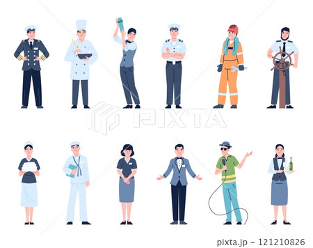 Yacht team. Ship or sail boat crew flat characters. Captain, sailor, waiter, boatswain. Maritime service workers in uniform, recent vector set Yacht team. Ship or sail boat crew flat characters. Captain, sailor, waiter, boatswain. Maritime service workers in uniform, recent vector set 121210826