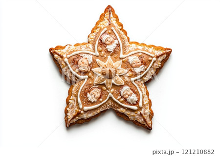 Delightful StarShaped Cookie Adorned with an Intricate and Beautifully Crafted Icing Design Delightful StarShaped Cookie Adorned with an Intricate and Beautifully Crafted Icing Design 121210882