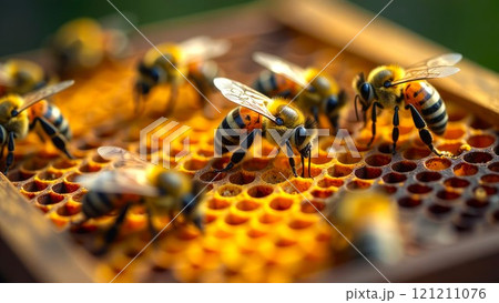 Honeybee and honeycomb. Close-up of a large striped Bees, sits on Honeycomb, on a sunny bright day. Working bees on honey cells	 121211076