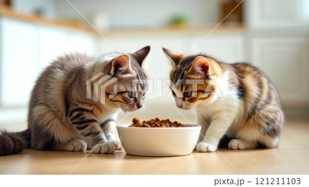 Two cute fluffy Cats eats Pet Food from bowl. Healthy food for pets. Dietary balanced. Blurred modern interior, white kitchen Two cute fluffy Cats eats Pet Food from bowl. Healthy food for pets. Dietary balanced. Blurred modern interior, white kitchen 121211103