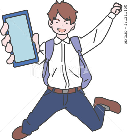 スマホを持ってジャンプする男の子、青年、中学生、高校生 121211160
