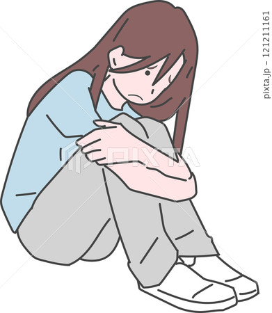 膝を抱えて落ち込む女の子のイラスト 121211161