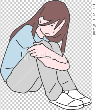 膝を抱えて落ち込む女の子のイラスト 121211161