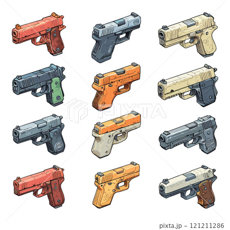 Various Modern Pistols Cartoon Icons Set Illustrations On White Unique Artwork Firearm Illustrations Decorative Elements Gun Collection Artistic Visuals Modern Graphics Distinctive 121211286
