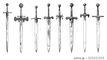 Knight Sword Set Ink Style Vector Illustrations Unique Artwork Creative Design Decorative Elements Artistic Visuals Modern Graphics Distinctive Art Style Medieval Weapons 121211315