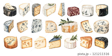 Hard Cheese Watercolor Set Illustration On White Unique Artwork Creative Design Decorative Elements Artistic Visuals Modern Graphics Distinctive Art Style Dairy Product Collection 121211316