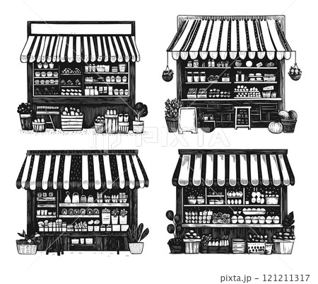 Grocery Facade Linocut Print Style Vector Illustrations Unique Artwork Creative Design Storefront Decorative Elements Artistic Visuals Modern Graphics Distinctive Art Style Shop 121211317