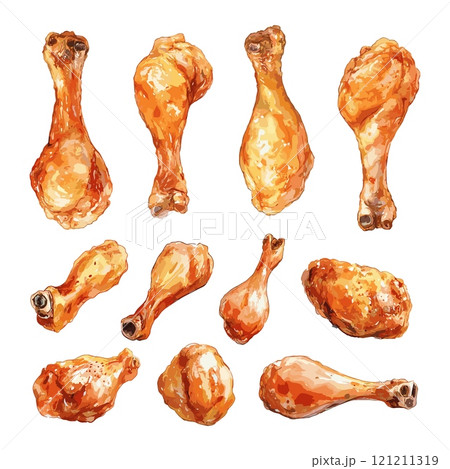 Fried Chicken Legs Watercolor Set Modern Technique Illustration On White Unique Artwork Creative Design Fried Chicken Decorative Elements Artistic Visuals Modern Graphics 121211319