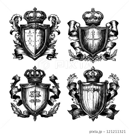 Family Crests With Shields Heraldry Linocut Print Style Vector Unique Artwork Creative Design Coat Of Arms Illustrations Decorative Elements Artistic Visuals Modern Graphics Family Crests With Shields Heraldry Linocut Print Style Vector Unique Artwork Creative Design Coat Of Arms Illustrations Decorative Elements Artistic Visuals Modern Graphics 121211321