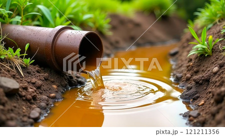 Iron pipe from which flows dirty brown water into a reservoir in nature, close-up. Contaminated water from chemical spill, pollution, environmental risk. Empty copy space 121211356