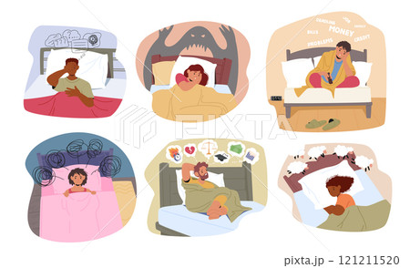 People cartoon character suffering from insomnia, struggling sleep disorder while lying in bed People cartoon character suffering from insomnia, struggling sleep disorder while lying in bed 121211520