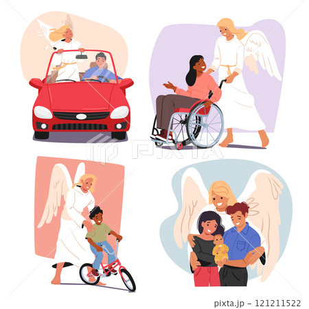Angel keeper, life saver and guardian protecting children, family, inclusive people cartoon scene Angel keeper, life saver and guardian protecting children, family, inclusive people cartoon scene 121211522