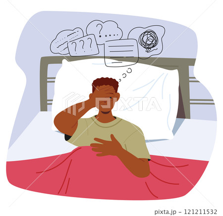 Young man cartoon character having sleepless problem suffering from frustration and hard thoughts 121211532