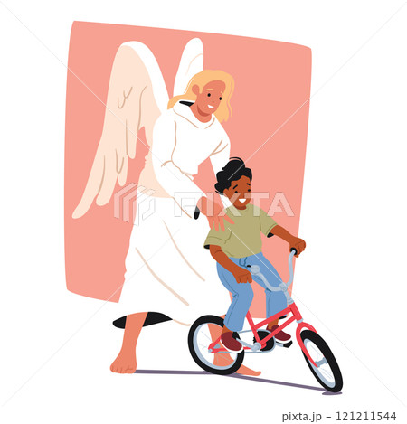 Angel life keeper religious character caring child helping little boy learning to ride bicycle 121211544