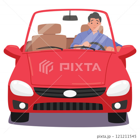 Young man driver cartoon character riding car enjoying road trip alone isolated on white background 121211545