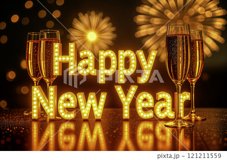Golden Happy New Year glowing text with champagne glasses, fireworks, and reflections 121211559