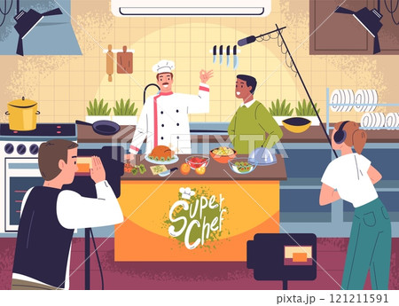 Cooking tv show. Professional chef cook preparing in kitchen television studio, cookery popular online broadcast media production with cameraman engineer classy vector illustration 121211591