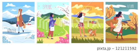 Four seasons woman. Happy girl walk in different season nature landscapes, winter autumn summer spring seasonal hot or cold weather fashion clothing, set classy vector illustration 121211592
