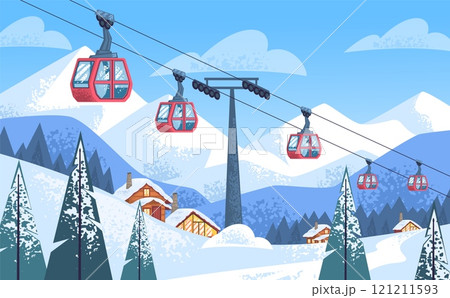 Ski cableway. Winter snowy mountain resort ropeway cable car in switzerland austria landscape, skiers track snowboard lift alps holiday outdoor scene, classy vector illustration 121211593
