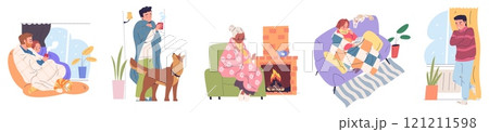 Freezing home people. Family shivering from cold in house, sick woman in warm clothes and man covered blanket or furnace plaid warming fireplace, classy winter vector illustration 121211598
