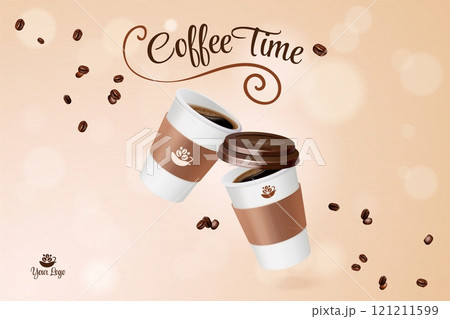 Coffee paper cup ad. Realistic take away cups advertising marketing poster, caffeine or tea product mockup package espresso to go cafe promotion banner, exact vector illustration 121211599