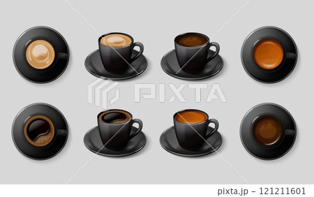 Realistic coffee black cups. Americano porcelain mug, ceramic cup on saucer cappuccino hot coffe drink cocoa espresso mocha latte 3d caffeine mugs mockup exact vector illustration 121211601
