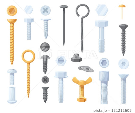 Cartoon bolts screws. Construction fasteners set, hook anchor steel nail nut round rivet metal screw silver bolt washer repair fix work stainless tools, neat vector illustration 121211603