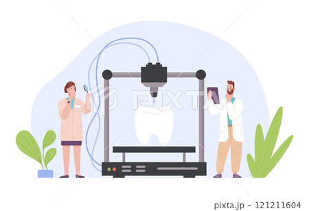 Tooth 3d printing. Dentistry scientist engineer print teeth model prototype computer engineering machine orthodontic lab, future innovation technology medicine vector illustration 121211604