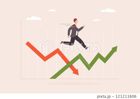 Investment volatility. Volatile stock market concept, businessman investor jumping to up down arrow financial crisis falling price growth economics risk trading vector illustration 121211606