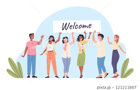 Employee team welcome. Business company or students team welcoming new member employees with hello banner overhead, job hiring concept people hugging staff group vector illustration 121211607
