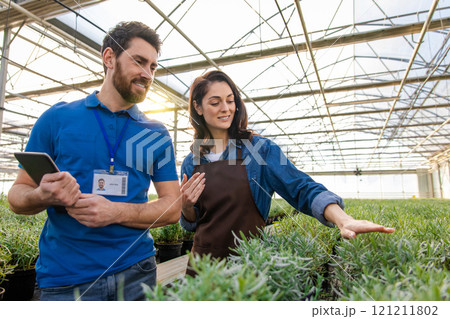 Two colleagues exploring the greenhouse plants and looking involved 121211802