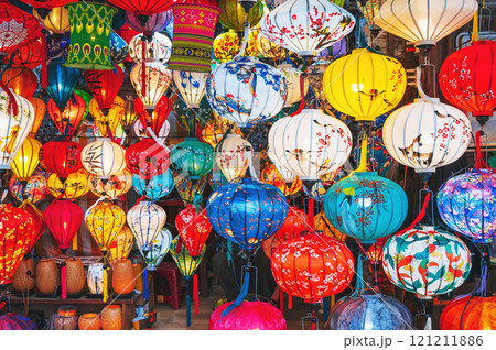 background with colorful Vietnamese hanging glowing silk lanterns in Vietnam in Hoi An city in night market 121211886