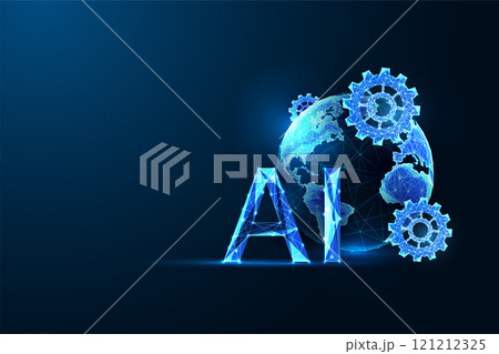 AI-powered global automation with gears and Earth on dark blue background. Digital transformation  121212325