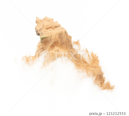 SandCastle fly over sand explosion as high risk and easy to collapse, uncertain house structure is fragile gambling of disaster metaphor, white background isolated 121212553