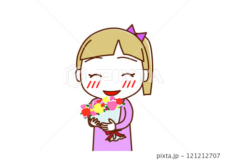 （上半身正面）花束を持ってニコニコ幸せそうな笑顔を見せる白人少女 121212707