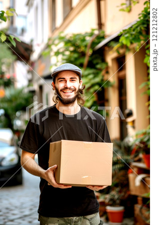 Young European man courier smiles broadly while holding a cardboard box in a picturesque urban street filled with greenery 121212802