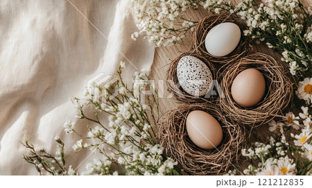 Speckled eggs rest in small straw nests, adorned with fresh spring flowers and greenery on a warm wooden surface, evoking a cozy spring vibe 121212835