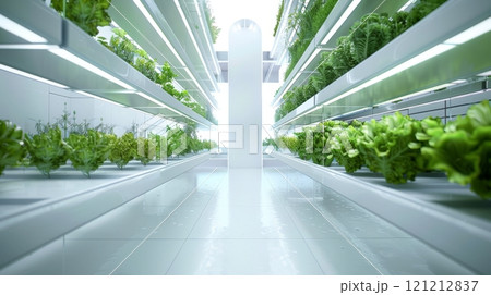 Hydroponic vertical farm with rows of vibrant plants growing under bright artificial lighting 121212837