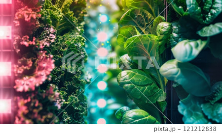 Healthy green plants are thriving in a hydroponic vertical garden lit by colorful LED lights 121212838