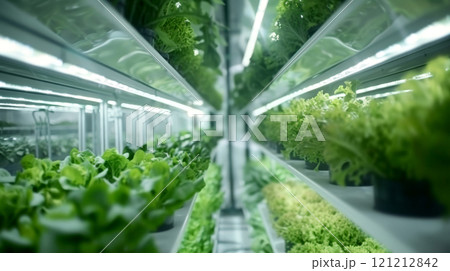 Indoor hydroponic system with thriving lettuce varieties arranged vertically on shelves for efficient growth 121212842