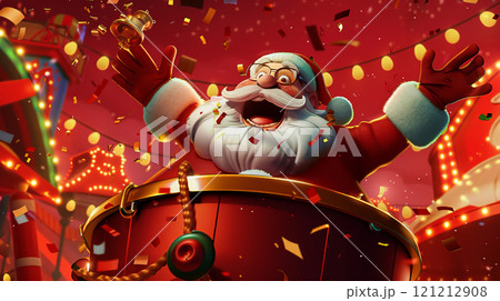 Cartoon Santa Claus is shot out of a cannon in a circus, wearing a surprised expression amid a shower of colorful confetti and lights Cartoon Santa Claus is shot out of a cannon in a circus, wearing a surprised expression amid a shower of colorful confetti and lights 121212908