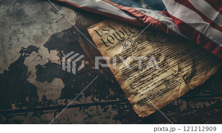 Close-up of the U.S. Constitution with the American flag, celebrating Constitution Day and the spirit of democracy and unity Close-up of the U.S. Constitution with the American flag, celebrating Constitution Day and the spirit of democracy and unity 121212909