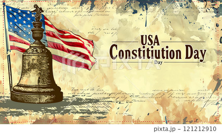 Liberty Bell stands proudly beside the American flag, commemorating USA Constitution Day and honoring the nation's rich heritage 121212910