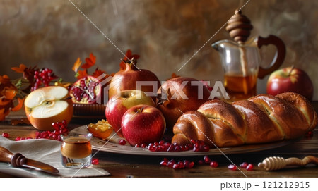 A vibrant display of Rosh Hashanah foods including honey, apples, pomegranates, and challah on a warmly lit table with festive decor A vibrant display of Rosh Hashanah foods including honey, apples, pomegranates, and challah on a warmly lit table with festive decor 121212915