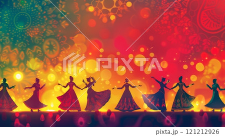 Navaratri festivities come alive with dancers in colorful costumes performing Garba and Dandiya Raas against a vibrant background Navaratri festivities come alive with dancers in colorful costumes performing Garba and Dandiya Raas against a vibrant background 121212926