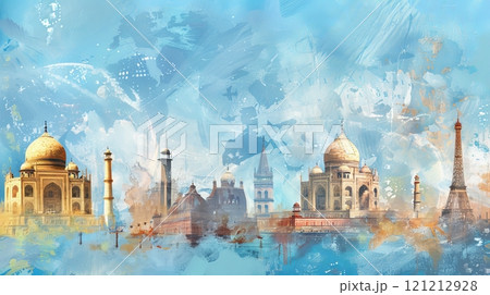 Stunning collage showcases the Eiffel Tower, Great Wall of China, Taj Mahal, and Statue of Liberty with a vibrant color palette and cultural elements 121212928