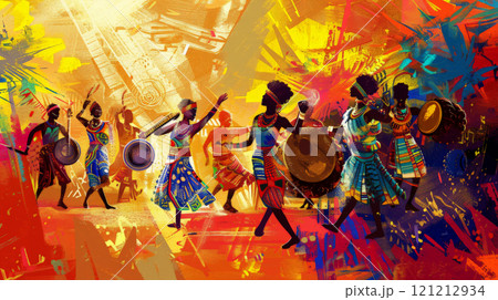 A joyous gathering unfolds with dancers in traditional Ethiopian attire, celebrating through vibrant movement and music, surrounded by colorful decor 121212934